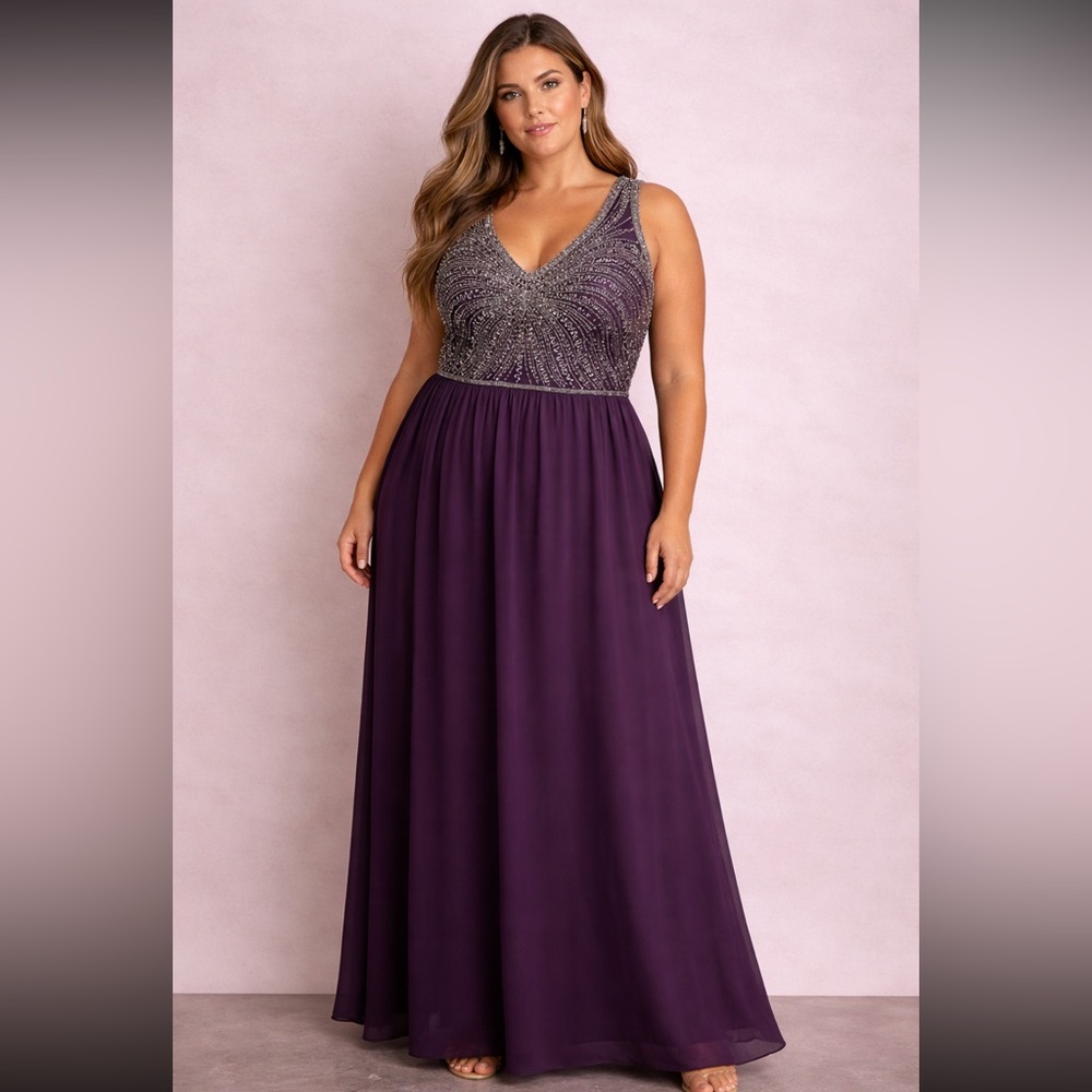 Adrianna Papell Purple sleeveless Beaded V-Neck Chiffon Maxi Dress
